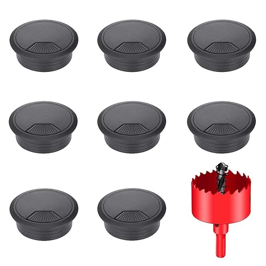 TuTuYa 8PCS Desk Grommet 2 Inch, Desk Hole Cover 2 Inch (50 mm) Black with Hole Saw, Cable Pass Through, Ideal Solution for Office and Home Table Cable (Black, 2 Inch_50 mm)