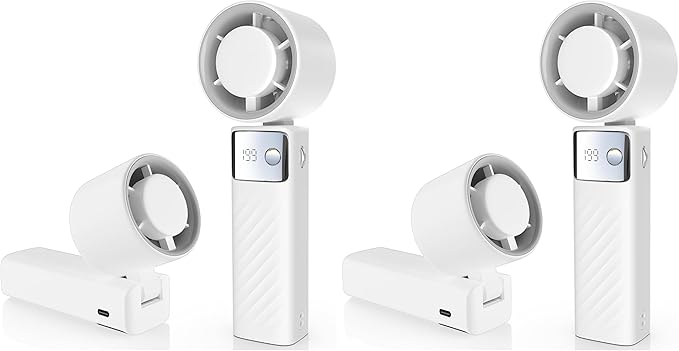 YOSHENMO Portable Handheld Turbo Fan - Foldable Mini Fan with Air Turbo Tech, 1-199 Speed Adjustment, 20H Runtime, LED Display, Battery-Powered for Indoor/Outdoor Use Light White (Pack of 2)