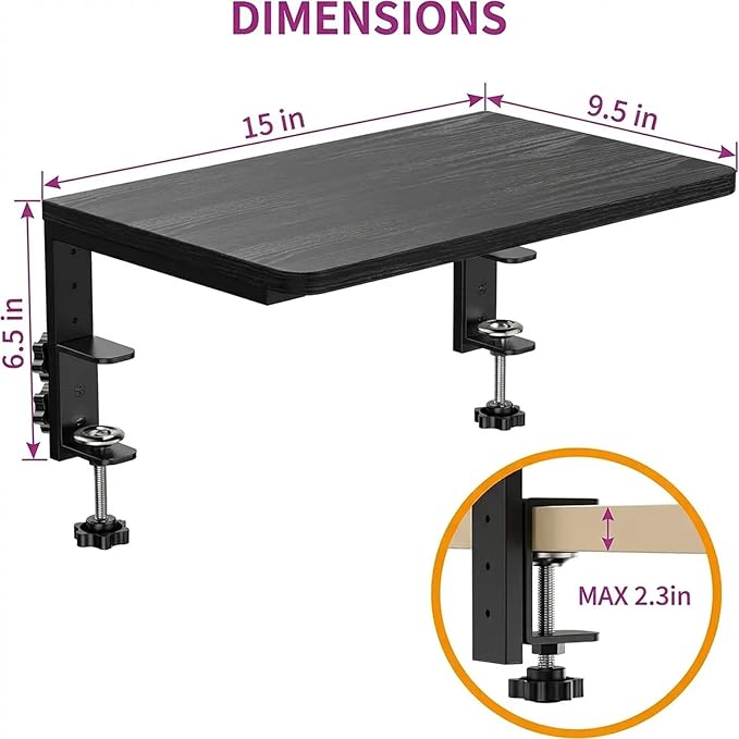 Clamp-On Desk Extender & Monitor Riser Shelf, Heavy Duty 44lbs Load, Adjustable Height, No Drill Installation for Office, Gaming PC & Home Workspace (Black)
