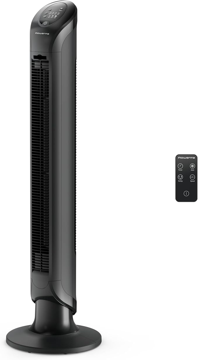 Rowenta, Tower Fan, Fresh 180° Oscillating Fan, Quiet Floor Fan for Bedroom, 3 Speeds, Powerful Cooling 40 Inch Standing Fan, Black, Indoor, VU6661