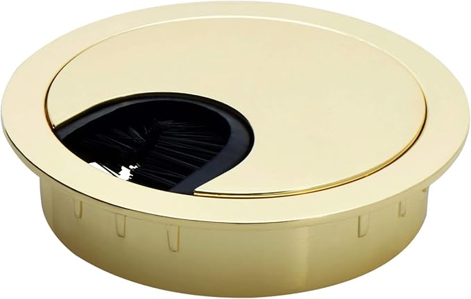 Polished Brass Metal Cable Grommet | 2 Piece "Lock in" Feature with "Brush" Opening for Management of Office & Computer Desk Wires | 60mm (2 3/8") Hole Opening | 5 Pack
