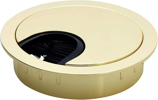 Polished Brass Metal Cable Grommet | 2 Piece "Lock in" Feature with "Brush" Opening for Management of Office & Computer Desk Wires | 60mm (2 3/8") Hole Opening | 5 Pack