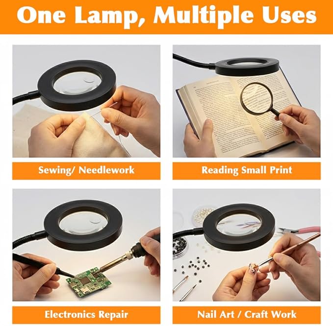 10X Magnifying Glass with Light, 2 in 1 Magnifying Desk Lamp Clip on Mganifier, 3 Color Modes & 10 Brightness Levels, USB Powered Magnifier Light for Bed Crafts DIY Repair(Size:120mm)