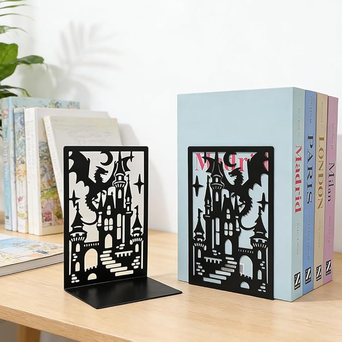 Book Ends, Bookends, Book Ends for Shelves, 2Pair Non Skid Metal Book Divider Decorative Holder, Abstract Art Desgin Book Stopper Supports for Office, Home (Dragon D)