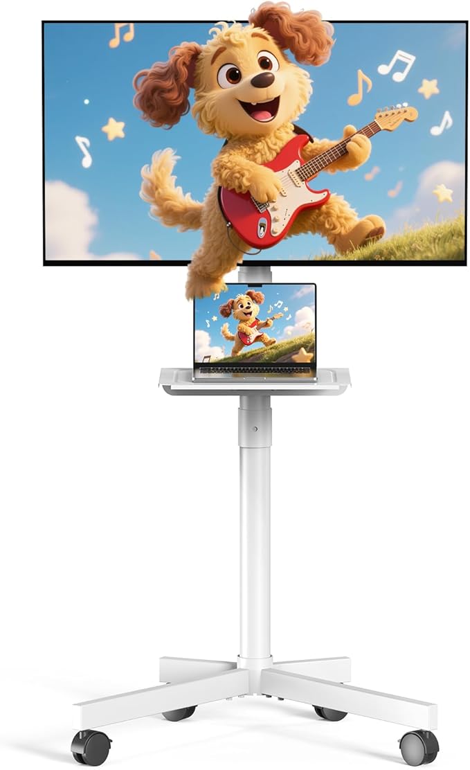 Mobile TV Cart Rolling TV Stand for 23-60 Inch LCD LED Flat Curved Screens up to 88 lbs, Height Adjustable Portable TV Stand on Wheels with Shelf, Outdoor TV Stand Mount, Max VESA 400x400mm, White
