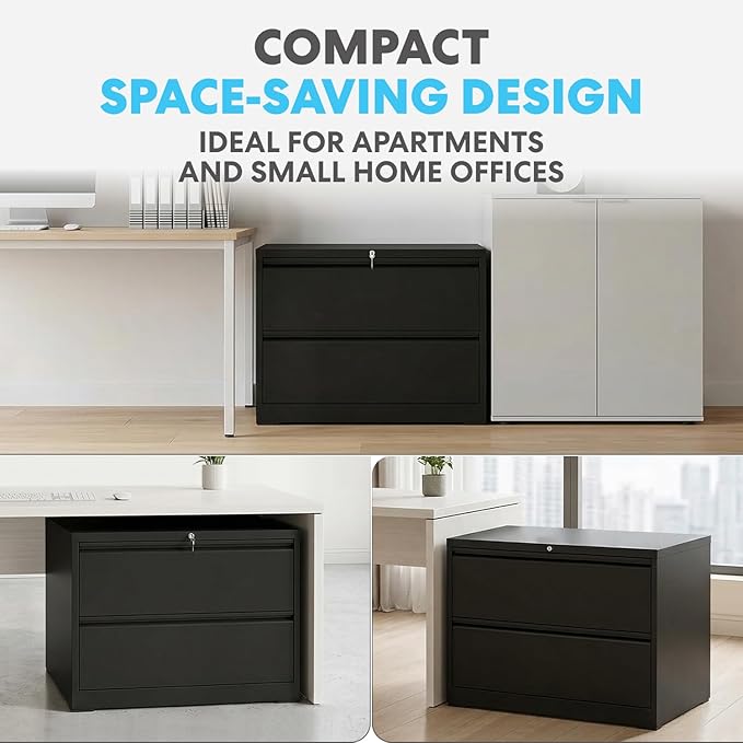 SIMPLI-Magic 2-Drawer File Cabinet with Lock - Metal Filing Cabinet for Home Office, Letter/Legal/F4/A4 Hanging Files, Compact Space-Saving Design, Black