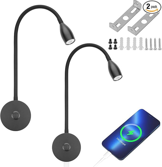 12V LED Reading Light RV Bedside Dimmable Reading Light with USB Charging Port 12 Volt Flexible Gooseneck Lamp for RV Boat Camper Van Travel Trailer Interior Lighting, 2 Pack