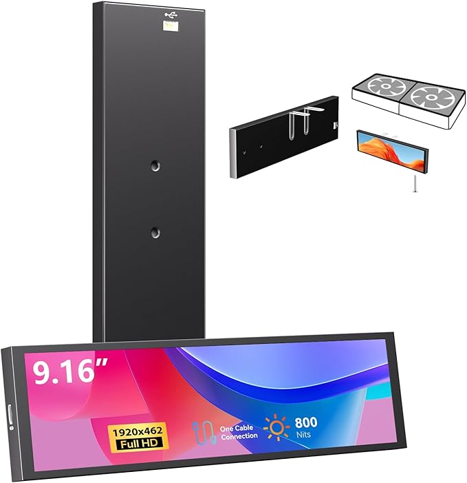 9.16" Computer Temp Monitor, FHD 1920x462 PC Sensor Panel One-Cable Connection(No HDMI Needed), Stretched Bar LCD Dynamic Theme Supported, IPS Mini Secondary Screen for CPU RAM HDD Data (Black)