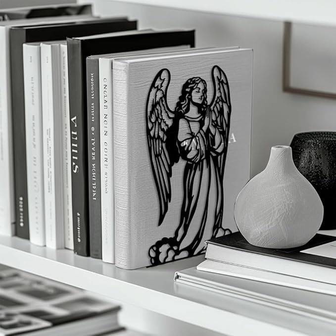 Peacoblue Metal Bookends for Shelves, Modern Decorative Heavy Duty Study Book Support Stoppers for Office, Desk, Shelf, Room 5.3"x4.3"x7.9" Cast Iron Simple Tall Bookends, 1 Pair (Angel)