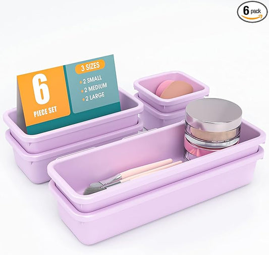 6 PCS Drawer Organizer Set, 3 Size Makeup Drawer Divider Organizer With Non-Slip Pads, Interlocking Plastic Storage Bins for Office,Jewelry Vanity,Gadgets, Bathroom,Kitchen, Purple
