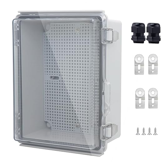 IP67 Waterproof Junction Box, ABS Plastic Electrical Enclosure with Stainless Steel Latch, Hinged Cover Electric Box with Mounting Plate, Wall Brackets & Cable Glands 210x160x100mm