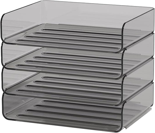 FANXIYQ 4-Tier Horizontal Acrylic Paper Tray Organizer | Clear Stackable Desk Organizer for Documents, Letters, A4 Paper | Modern Office/Classroom/Home Organization,Brown