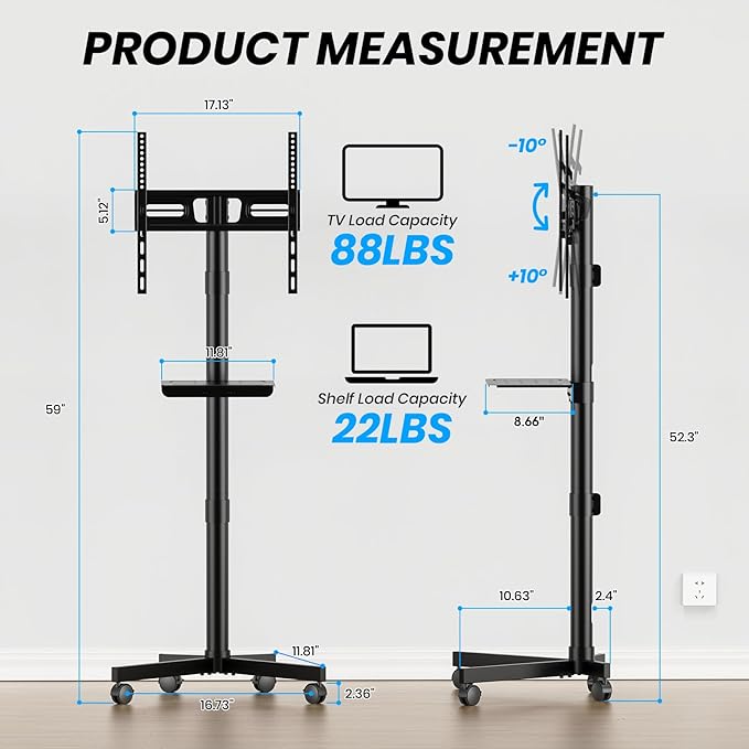 Mobile TV Cart for 23-60 Inch LCD LED OLED Flat Curved Screen TVs - Height Adjustable Rolling Floor Stand with Shelf and Locking Wheels - Up to 88lbs, Max VESA 400x400mm, Black