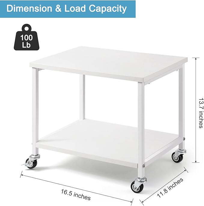 BTY Under Desk Printer Stand 2 Tier White Printer Stand with Storage Shelf Small Printer Table with Rolling Wheels for Office Home Scanner Printer (White)