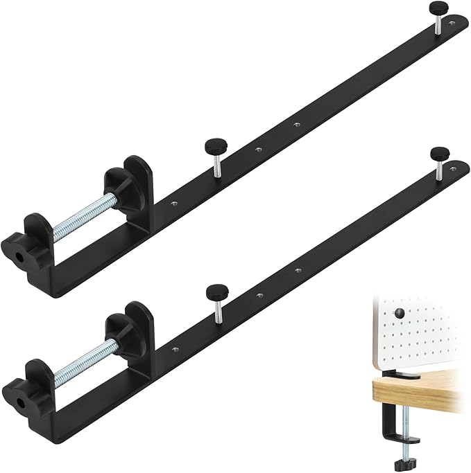 2 Pcs Adjustable Extended Desk Clamp, Heavy Duty Metal Pegboard Mounting Bracket for Desktop Fixing Mount Clamp for Home Office,Universal Clamp On Bracket Desktop Accessory Holder,Easy Install (Black)