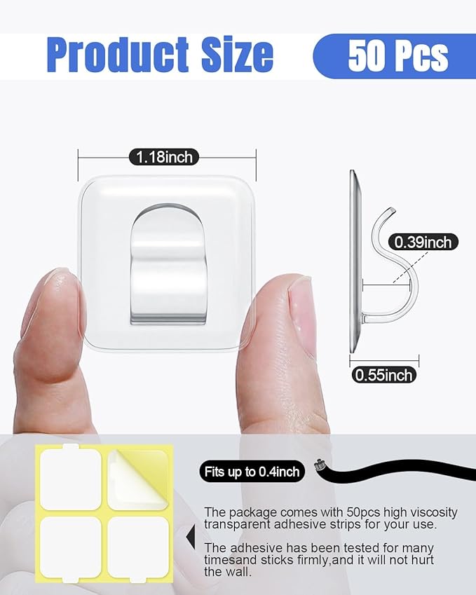 Hooks for Outdoor String Lights Clips: 50 Pack Square Clear Large Heavy Duty Light Hook Waterproof Adhesive Strips - Outside Hanging Rope Light Cable Cord Holders Organizer