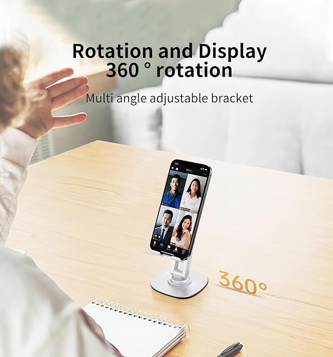 360° Rotating Cell Phone Stand for Desk, Adjustable & Foldable Phone Holder, Aluminum Desktop Phone Stand with Anti-Slip Base, Compatible with iPhone, iPad, Android Phones, K69-White