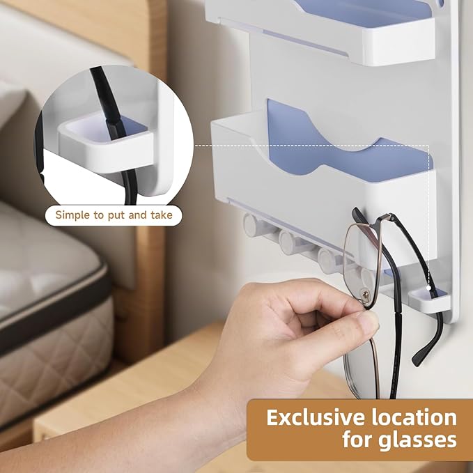 Bedside Wall Shelf with Glasses Hooks ，Adhesive Bedside Organizer Wall Mount for Dorm and Room Accessories Phone，Remote，Earphone， Kindle (White)