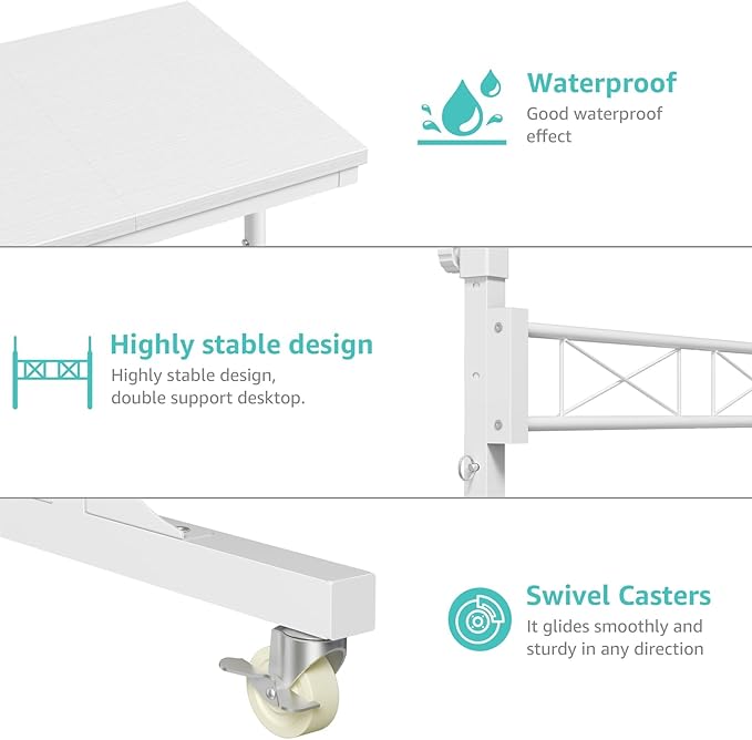 WINAZ Small Portable Treadmill Walking Pad Desk on Wheels, 32 Inch White Adjustable Height Mobile Rolling Standing Teacher Desks, Couch Sofa Side Laptop Stand Up Table for Bedroom, White