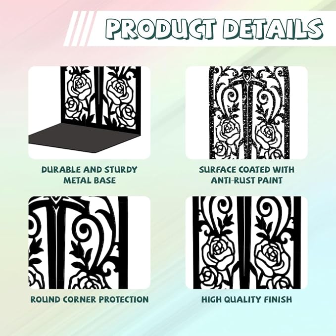 Peacoblue Metal Bookends for Shelves, Modern Decorative Heavy Duty Study Book Support Stoppers for Office, Desk, Shelf, Room 5.3"x4.3"x7.9" Cast Iron Tall Bookends, 1 Pair (Sword with Vine and Rose)