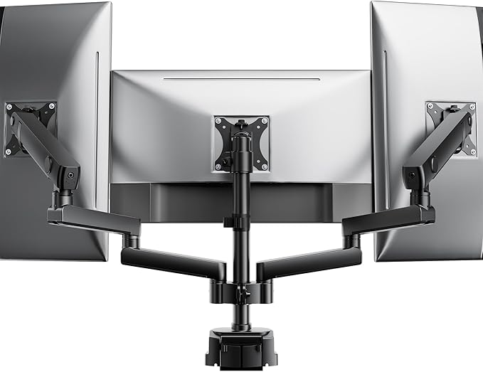 monTEK Triple Monitor Mount for Max 27 inch Computer Screens, Full Motion 3 Monitor Desk Mount Each Arms Holds up to 19.8lbs, Clamp & Grommet Mounting