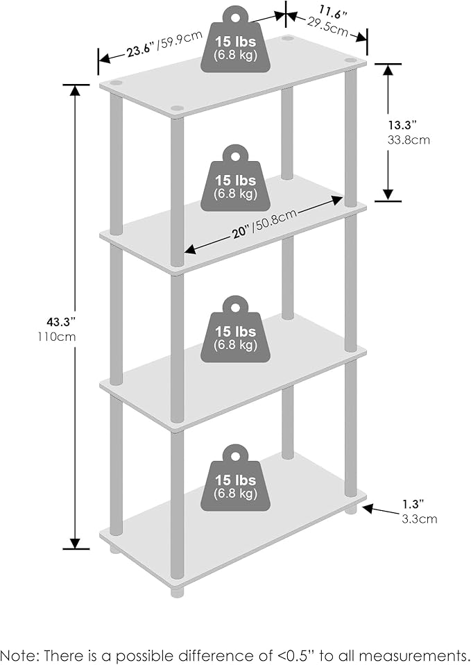 Furinno Turn-N-Tube Book Shelf, 4-Tier Bookshelf, Bookcase with Multipurpose Compact Display Rack, 11.6 x 23.6 x 43.2, for Living Room, Bedroom, Home Office, French Oak/Black