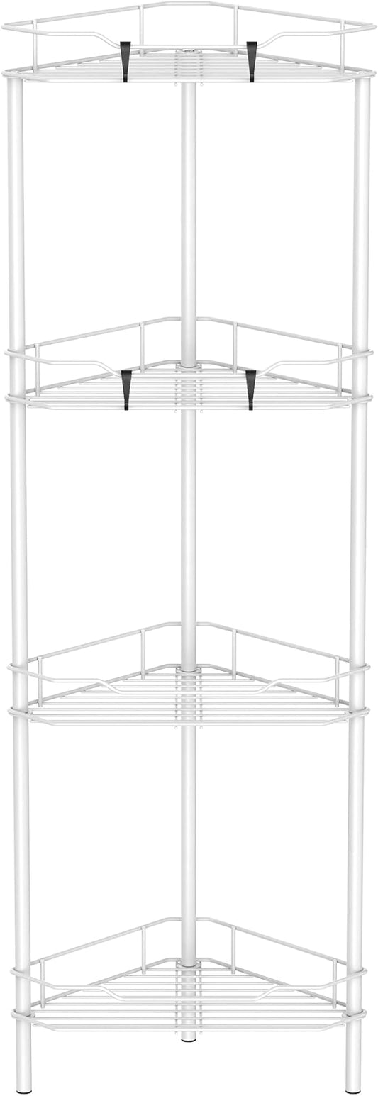 HuggieGems 4 Tier Floor Standing Corner Shower Caddy Organizer Shelf with Hooks, Bathroom Shelves Stand Rack, White
