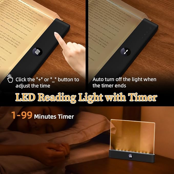 Book Light, Rechargeable Clear LED Flat Book Lights for Reading in Bed at Night with 3 Colors & Timer, Dimmable Panel Plate Book Lamp Full Page Light, Bookish Gifts for Women Readers Kids Book Lovers