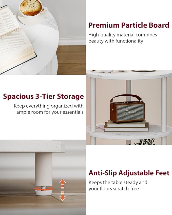 XBurmo Small Round End Table - 3 Tier Design Accent Table, Narrow Side or Bedside Stand, Industrial Vintage Nightstand for Bedroom, Living Room, or Small Spaces, Set of 2, Marble White