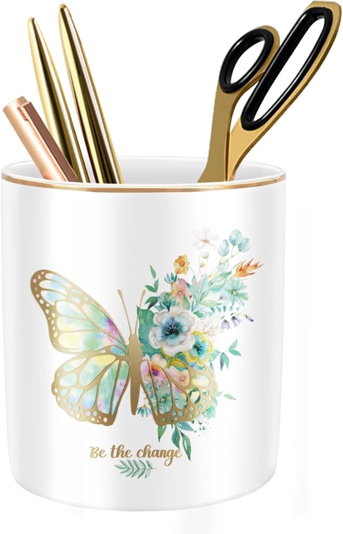 WAVEYU Cute Pen Holder for Desk, Ceramic Durable Pencil Cup, Simple&Modern Style Makeup Organizer, Multifunctional Office Supplies for Home, Kids and School, Butterfly Pattern