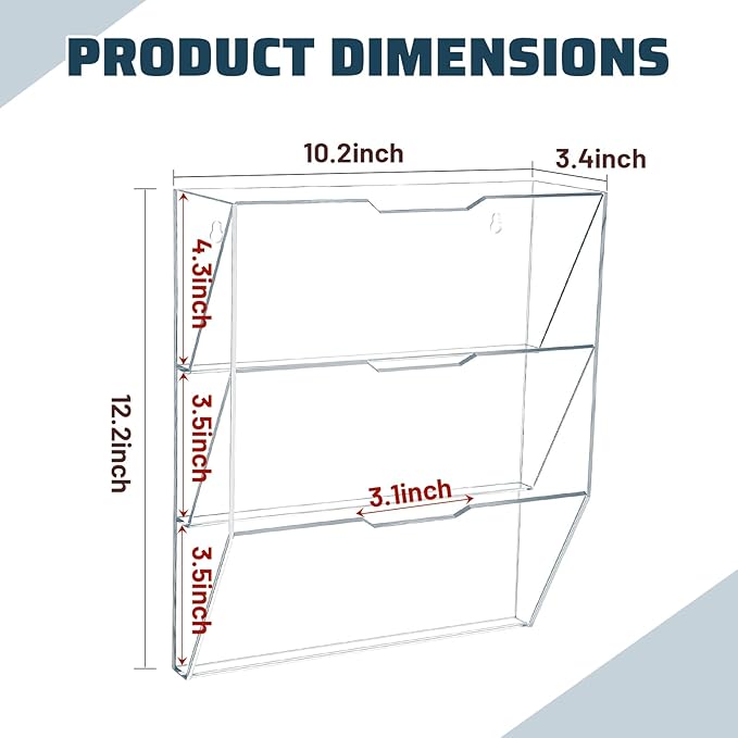 Chunful 3 Tier Mail Sorter Wall Letter Holder Clear Acrylic Wall Mounted Mail Organizer Hanging File Envelope Pocket Plastic Mount Document Holder for Home Office Entryway
