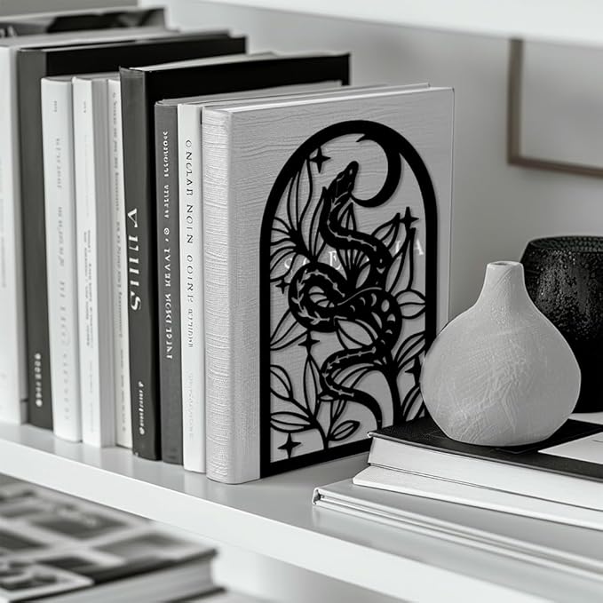 Peacoblue Metal Bookends for Shelves, Modern Decorative Heavy Duty Study Book Support Stoppers for Office, Desk, Shelf, Room 5.3"x4.3"x7.9" Cast Iron Simple Bookends, 1 Pair (Bohemia Snake and Flower)