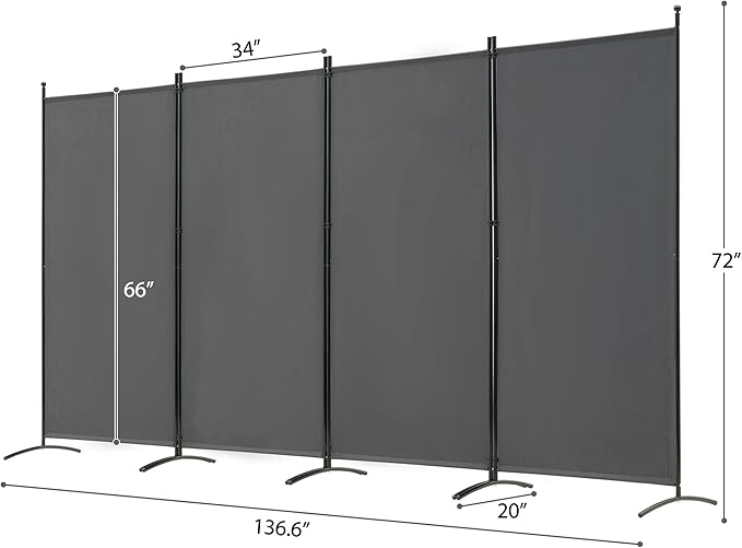 Spurgehom 4 Panel Room Dividers Folding Privacy Screen, Freestanding Fabric Partition Portable Room Partition Wall Dividers for Home Office Room Restaurant, 136" W X 72" H (Grey)