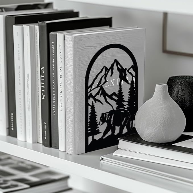 Peacoblue Metal Bookends for Shelves, Modern Decorative Heavy Duty Study Book Support Stoppers for Office, Desk, Shelf, Room 5.3"x4.3"x7.9" Cast Iron Bookends, 1 Pair (Mountain and Forest with Bear)