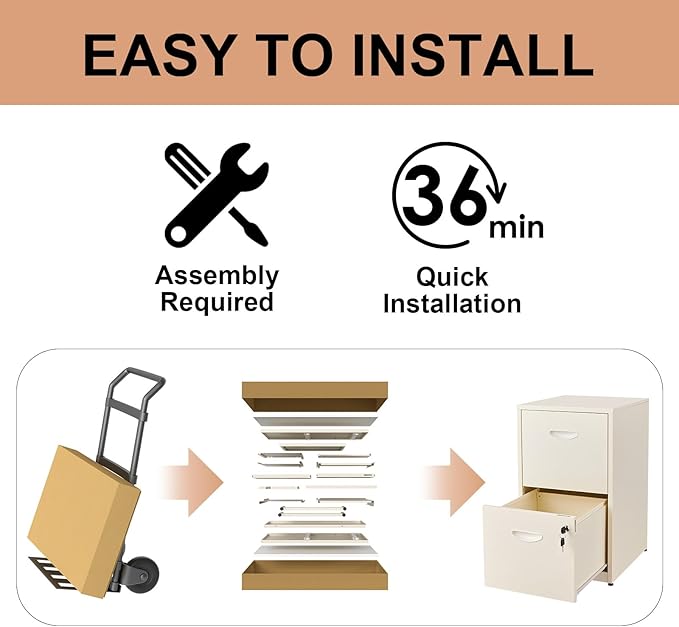 Polup 2 Drawer File Cabinet with Lock, Locked Filing Cabinets for Home Office, Small File Cabinets for Under Desk, Metal Files Cabinet for Hanging Letter Size, Cream, Assembly Required