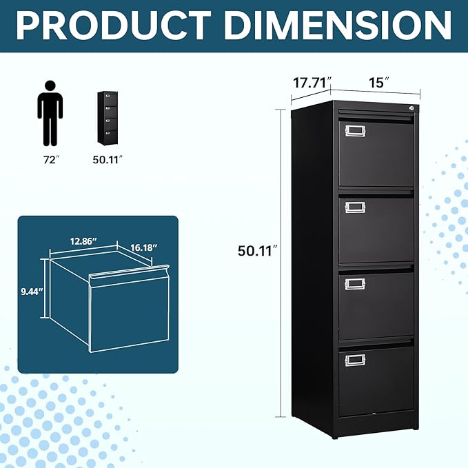 MIIIKO 4 Drawer Filing Cabinets with Lock, Metal File Cabinet with 4 Drawers, Home Office File Folders Cabinet for Letter Legal A4 File Size