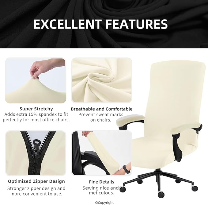 DIVA EN CAMINO DEC Stretch Computer Office Chair Cover with Armrest Covers Durable Zipper Universal Spandex Rotating Boss Chair Slipcovers Anti-dust Soft Desk Chair Seat Protector, Cream