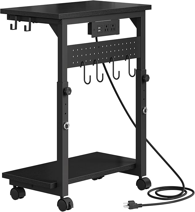 CHOEZON Computer Tower Stand, Height Adjustable PC Holder on Wheels, Computer Stand with Power Outlet, Under-Desk PC Cart with 6 Hooks, Movable Side Table, for Living Room, Office, Black TCJ50UBB