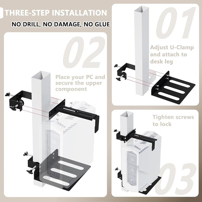 Under Desk PC Mount，No-Drill PC Holder for Standing Desk，Width Adjustable Under Desk Computer Mount with Extra Protective Arms，Holds Up to 44lbs with Anti-Slip Mat Design for Home and Office