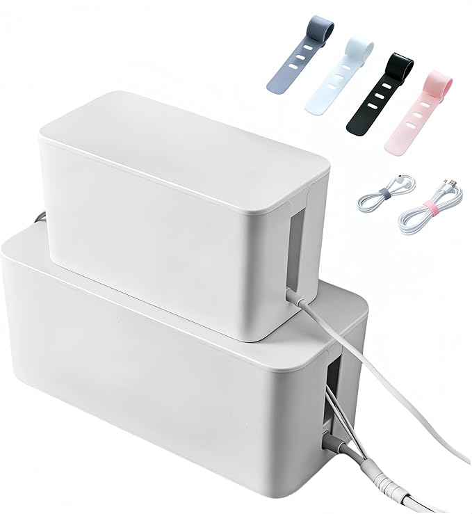 1Large+1Small Cable Organizer Set with 4 Silicone Cable Ties, 2-Piece Cable Management Box, Acrylic Lid Cord Organizer for Home Office,Set of Two Cable Box,Cable Organizer Box(Acryliclid/White)