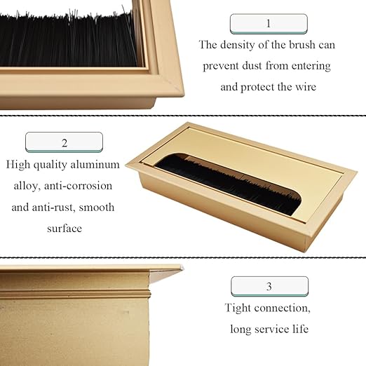 HAHIYO Gold Aluminum Alloy Desk Grommet,80x160mm Premium Cable Organizer with Flip Cover and Dustproof Brush–Durable Wire Management Solution for Home,Office,and Workstations–Easy to Install 1P