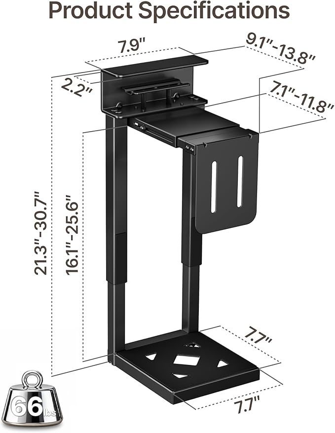 monTEK 66 LBS Heavy-Duty Under Desk PC Mount, Adjustable No-Drill PC Mount with Protective Pads,16.1"-25.6" H, Ideal for Office Home Classroom, Black