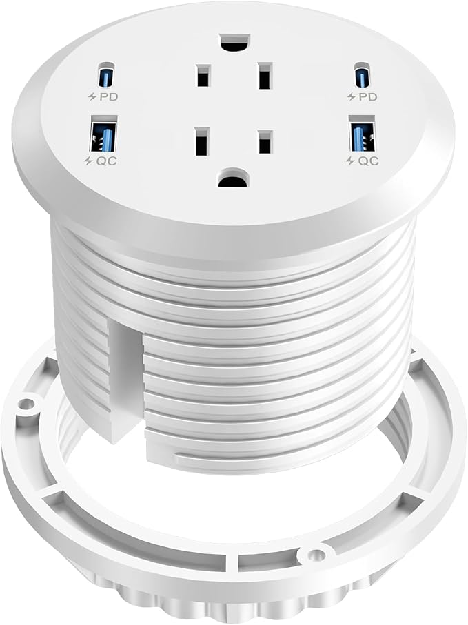 Desktop Power Grommet,GaN 65W USB C Fast Charging Station,2 AC Outlets,4 USB Ports in to the Top,Flush Mount Power Grommet 3'' Hole,Countertop Recessed Outlet White