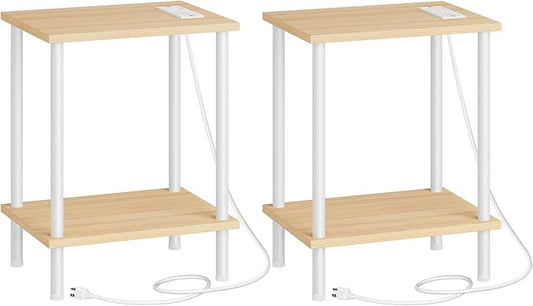 HOOBRO Side Table with Charging Station, Set of 2 End Tables with USB Port and Outlets, Nightstand with 2-Layer Storage Shelves for Small Spaces, Living Room, Bedroom, Natural and White WN09UBZP201