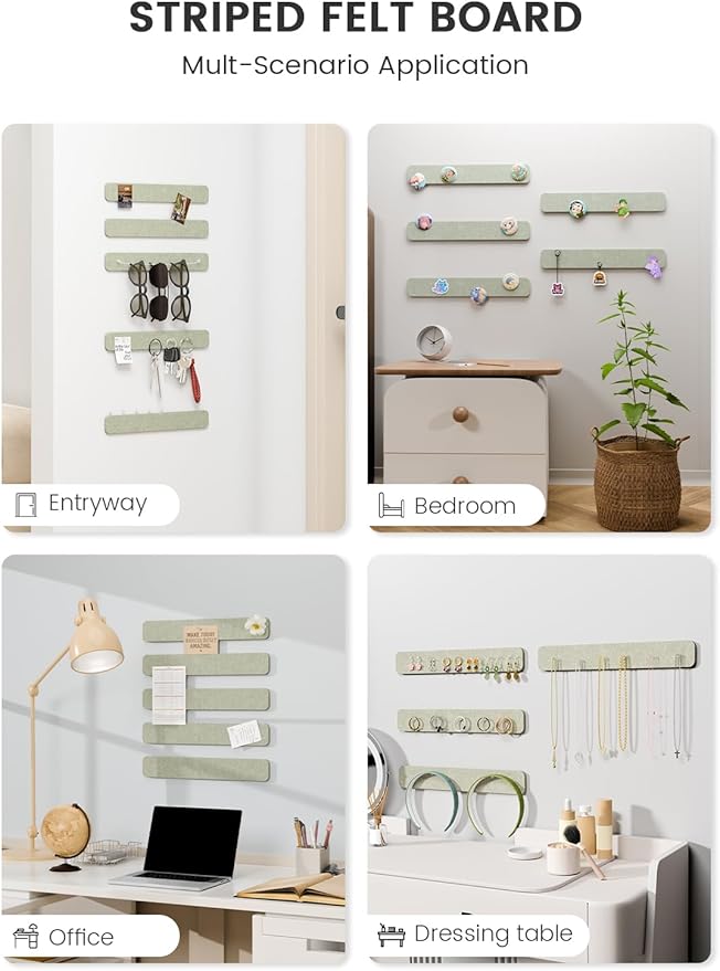 Fluxynara Cork Board Alternative Felt Strip Board 5-Pack 13"x2", Office Pin Board with 35 Push Pins, Adhesive Install for Bedroom Door & Home Office(Sage)