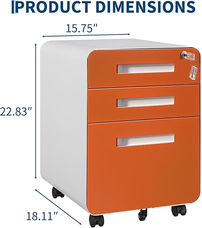 3 Drawer Mobile File Cabinet with Lock, Under Desk Metal Filing Cabinets with Wheels for Home Office Organizer Letters/Legal/A4, Fully Assembled