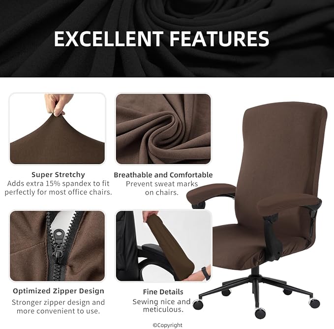 Stretch Computer Office Chair Cover with Armrest Covers Durable Zipper Universal Washable Removable Spandex Rotating Boss Chair Slipcovers Anti-dust Soft Desk Chair Seat Protector, Mocha