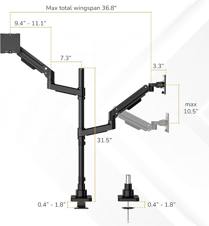 Mount-It! Dual Ultrawide Monitor Desk Mount for 17–49” Screens, Height-Adjustable Stacking Arms with Pole, Heavy Duty Gas Spring, Full Motion, VESA 75/100, Clamp or Grommet