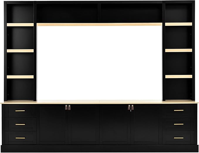 102.3"W Farmhouse 4-Piece Entertainment Center Wall Unit with Adjustable Shelves, Modern Large TV Stand with Bookshelves for TVs Up to 75", Rustic Media Console with 6 Drawers for Living Room, Black