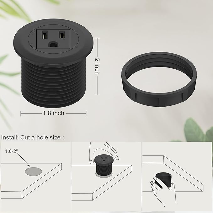 2 inch Desk Power Grommet, Flush-Mount Desk Outlet Build-in 1 US Standard Outlet, Mini Desktop Power Hub Grommet Socket for Desk Nightstand Cabinet Counter, 3.28 FT Heavy Duty Power Cord